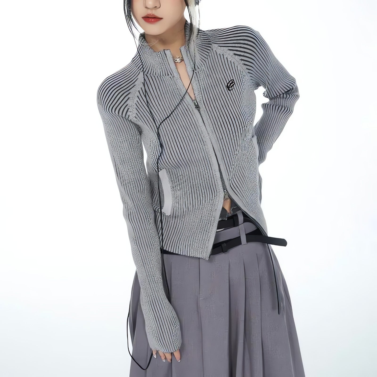 Y2K Cyber Zip-Up Turtleneck Cardigan - KAYSMAR