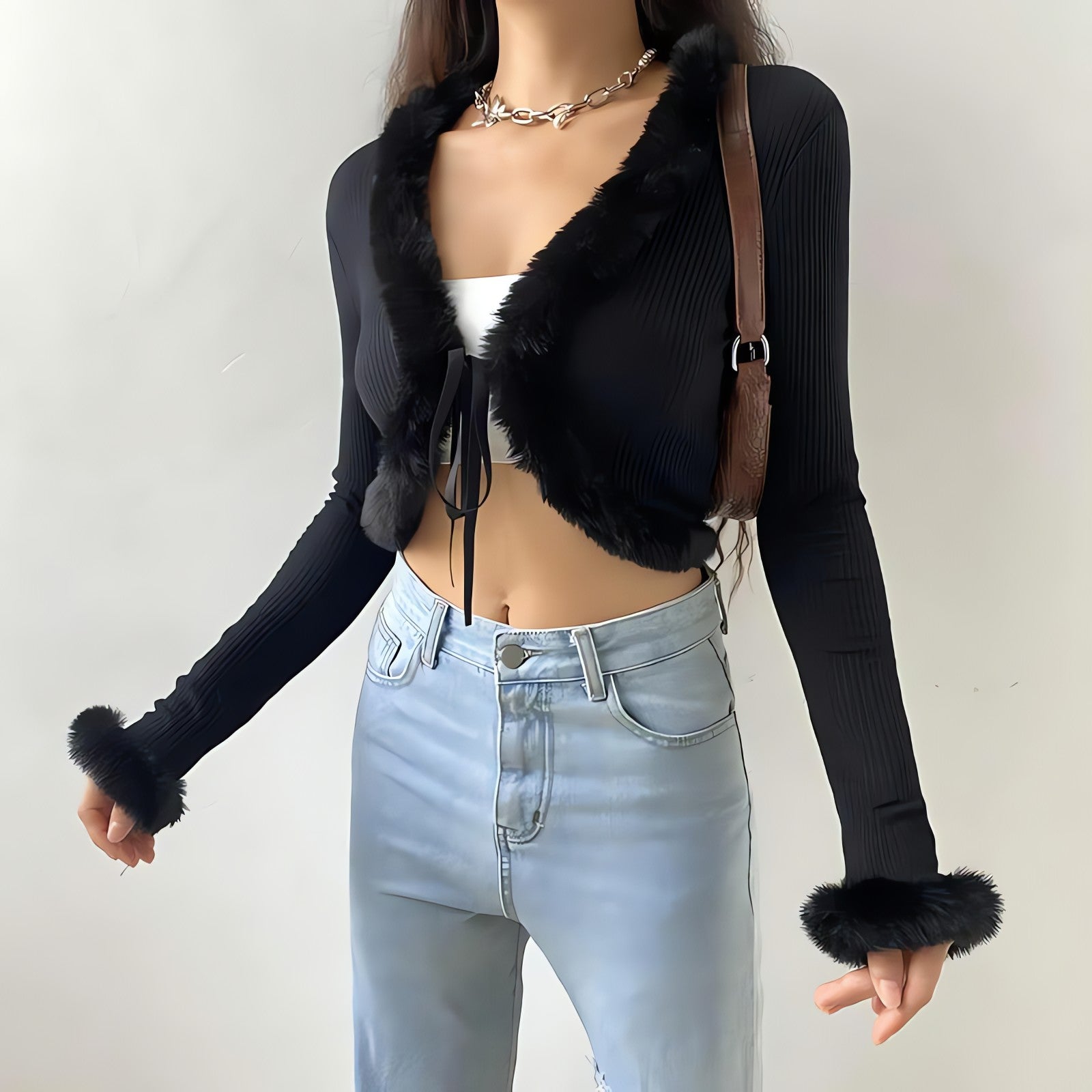 Y2K Faux Fur Corduroy Crop Cardigan - KAYSMAR