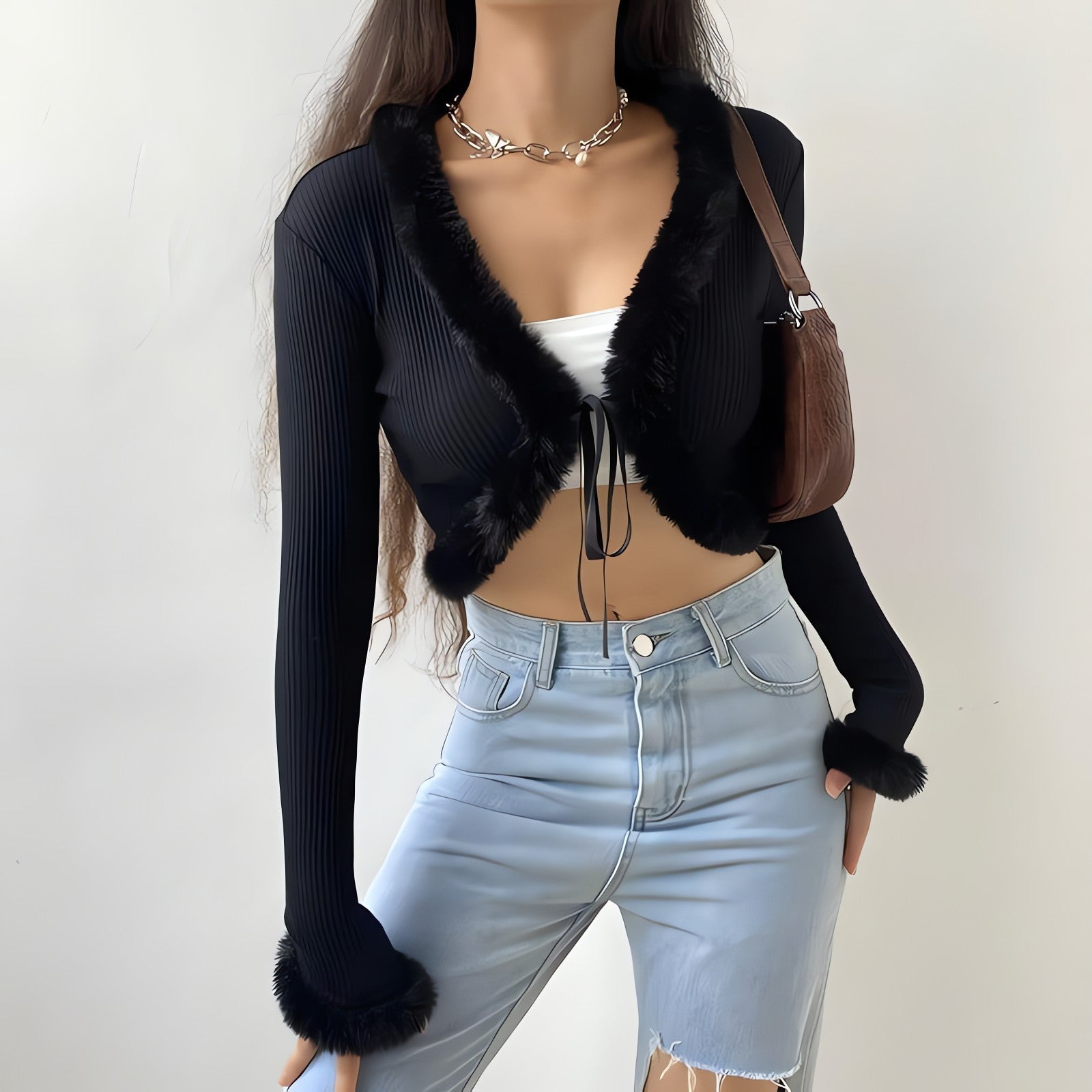 Y2K Faux Fur Corduroy Crop Cardigan - KAYSMAR