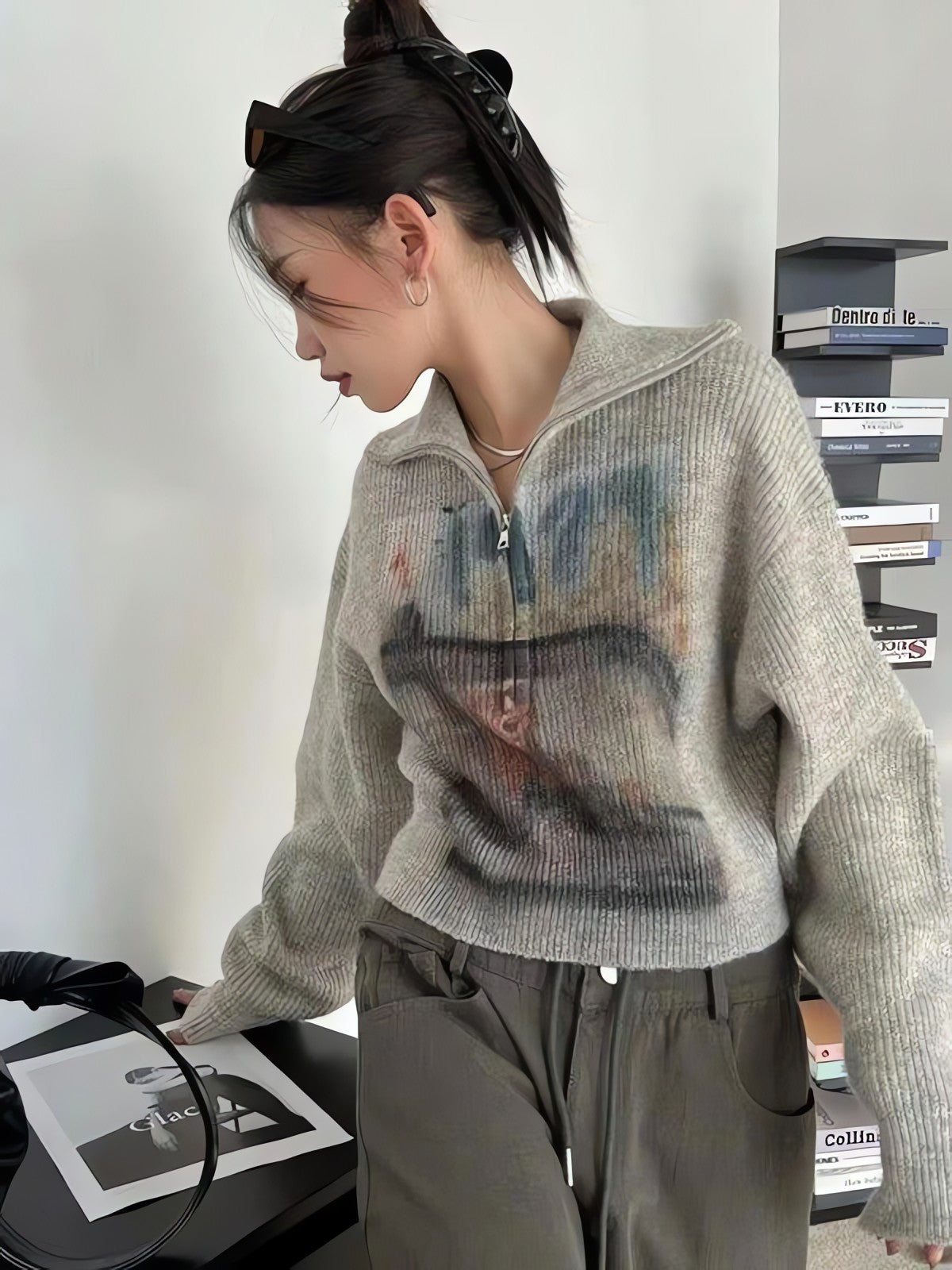 Y2K Half Zip-Up Knitted Sweater - KAYSMAR