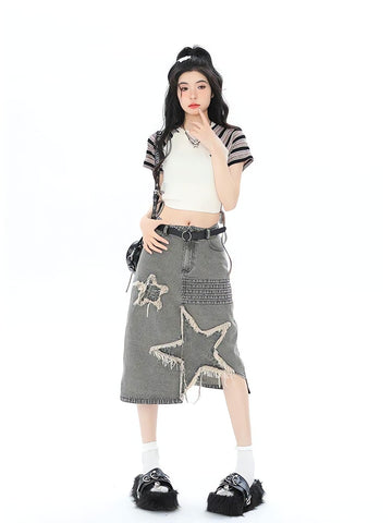 Y2K Star Patchwork Midi Skirt - KAYSMAR