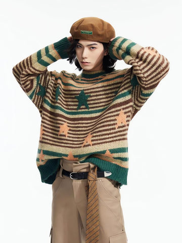 Y2K Vintage Stars Striped Knitted Sweater - KAYSMAR