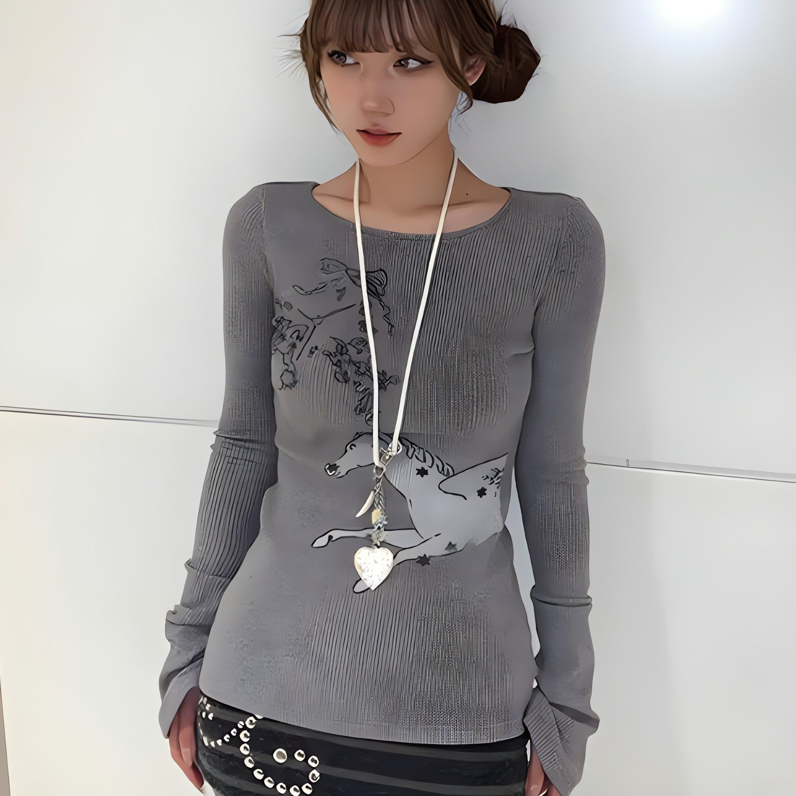 Y2K White Horse Ribbed Top - KAYSMAR