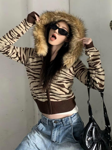 Y2K Zebra Hooded Cardigan - KAYSMAR