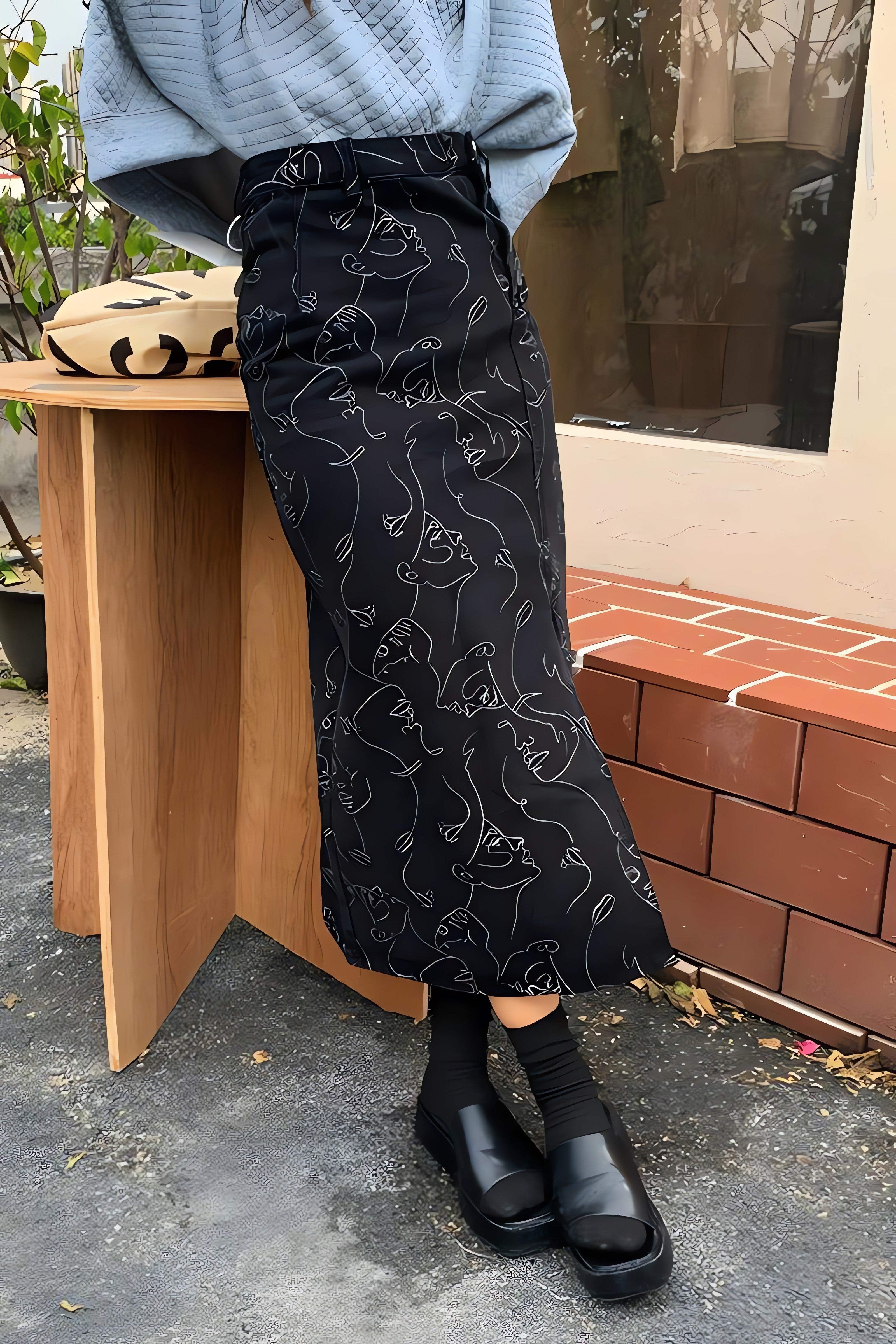 Abstract Faces Denim Midi Skirt
