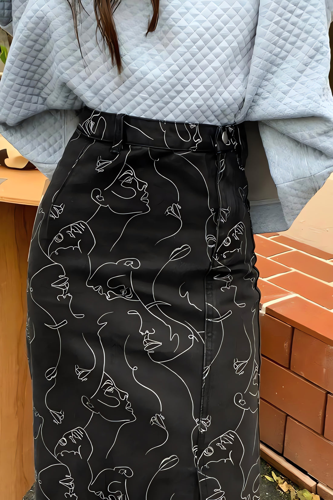 Abstract Faces Denim Midi Skirt