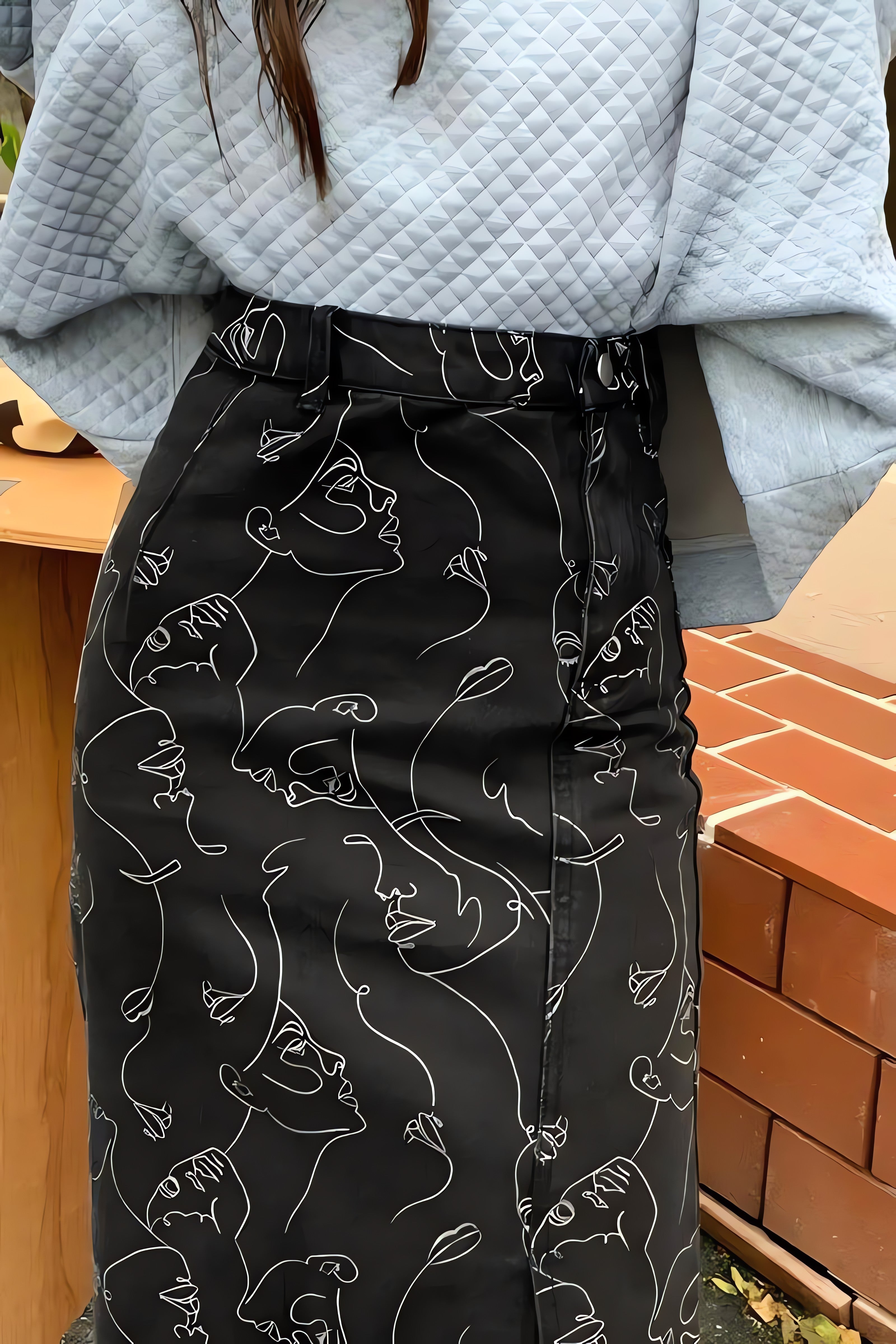 Abstract Faces Denim Midi Skirt