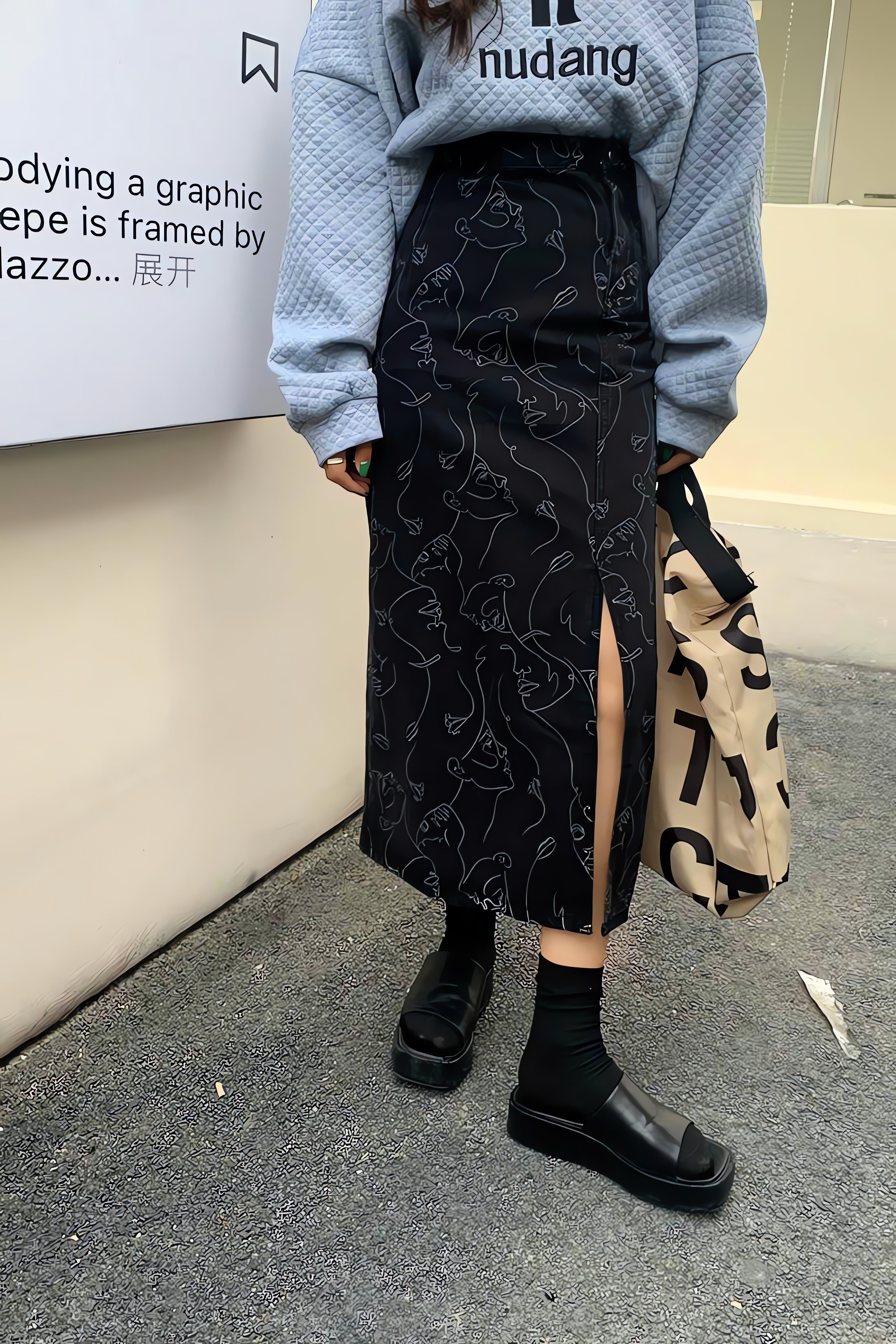 Abstract Faces Denim Midi Skirt