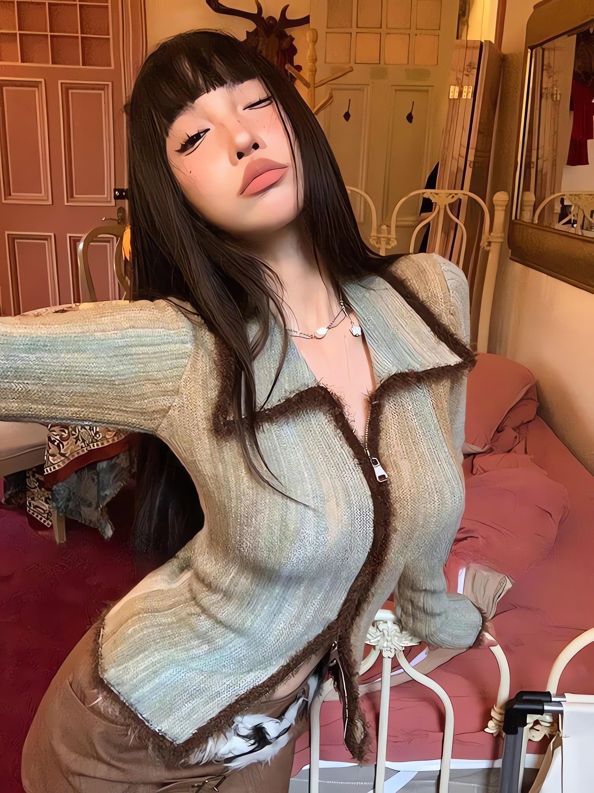 Acubi Fluffy Double Zip-Up Cardigan - KAYSMAR