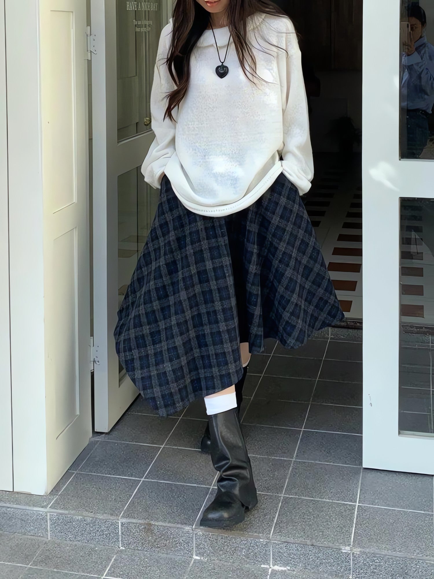 Asymmetric Plaid Midi Skirt