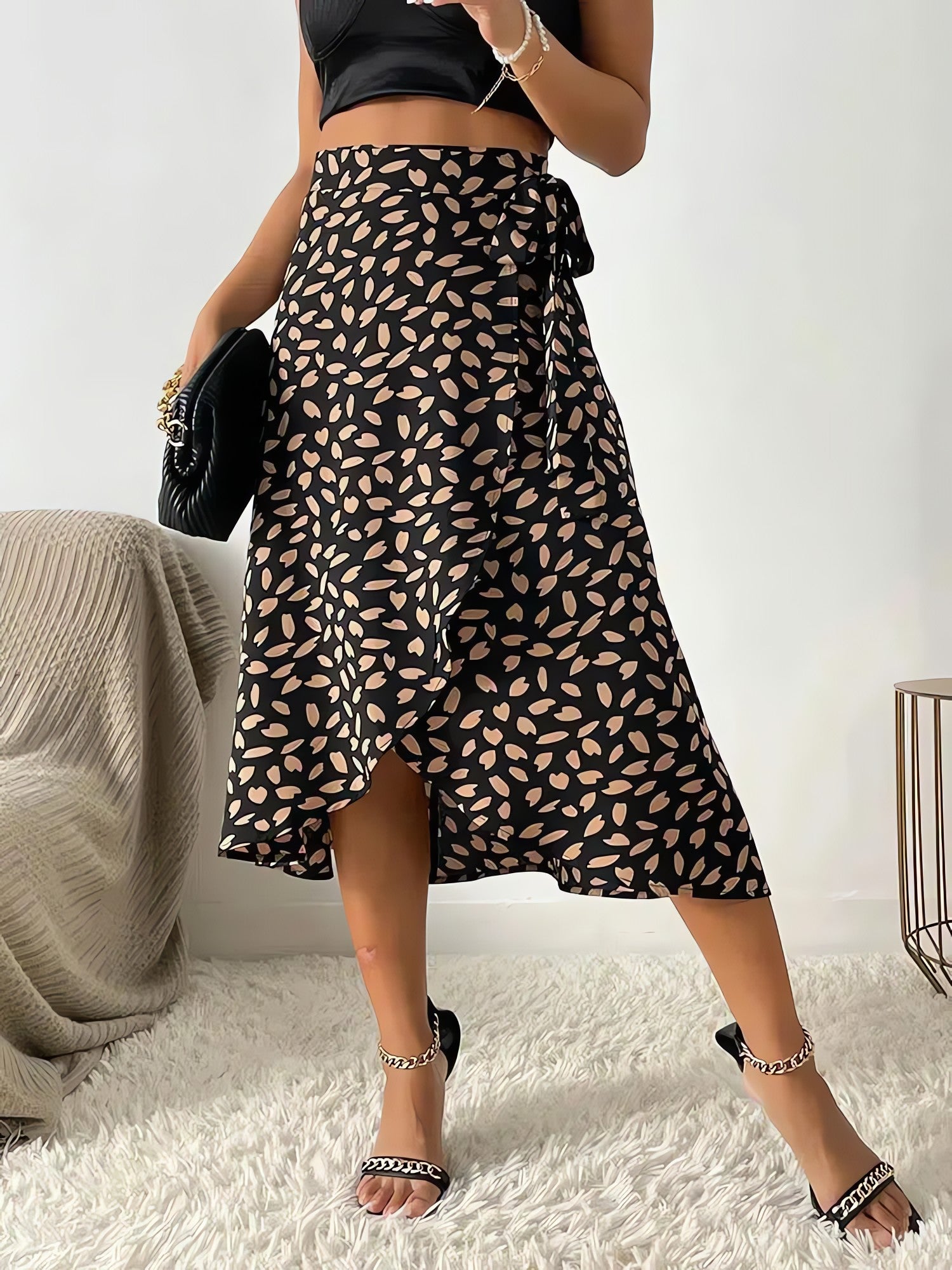 Asymmetric Tie Side Wrap Midi Skirt - KAYSMAR