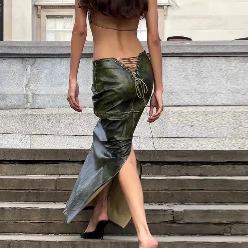 Baddie Leaf Lace Up Split Maxi Skirt - KAYSMAR