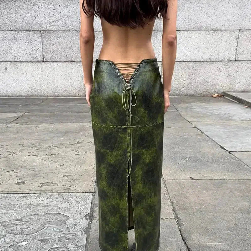 Baddie Leaf Lace Up Split Maxi Skirt - KAYSMAR