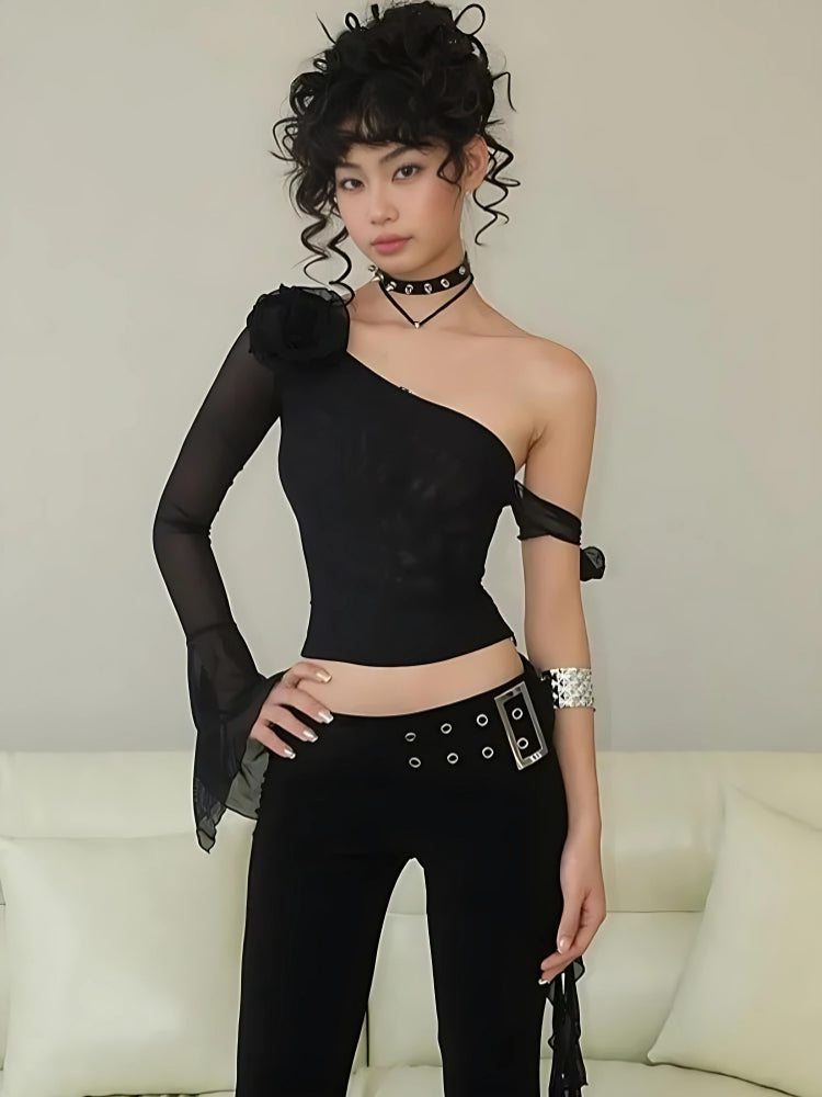 Baddie Rose One Shoulder Mesh Top - KAYSMAR