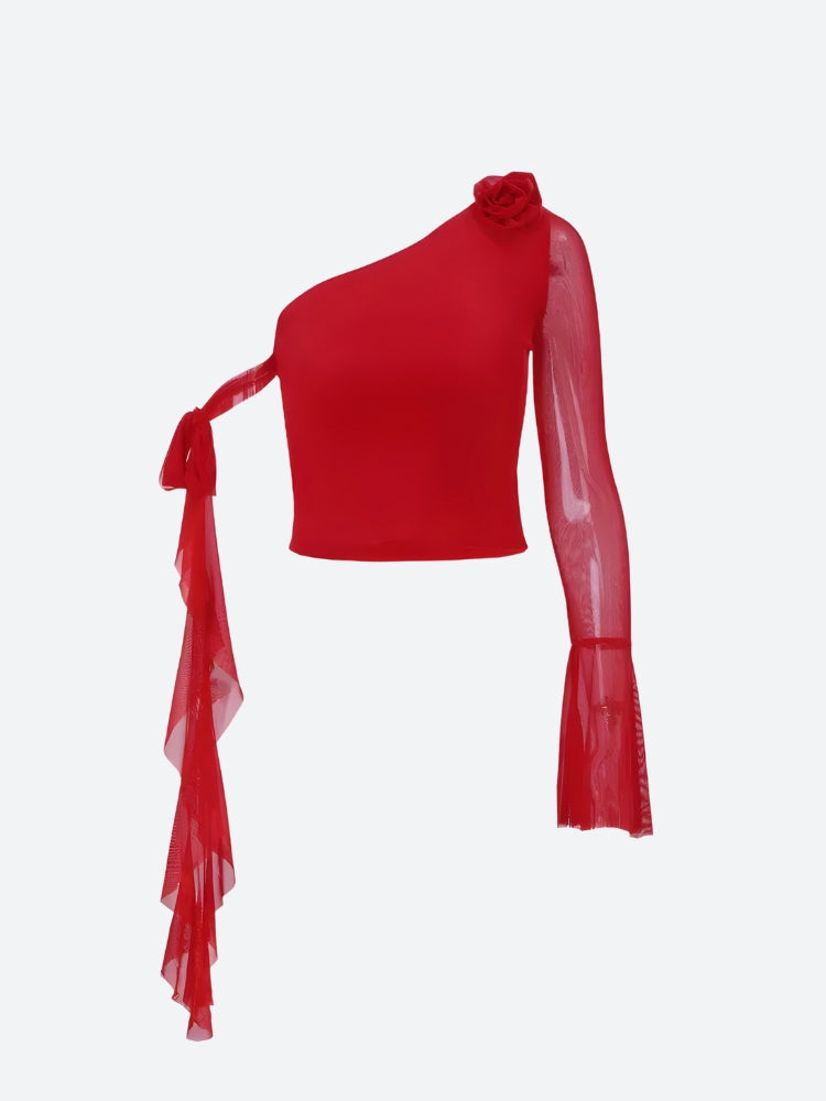 Baddie Rose One Shoulder Mesh Top - KAYSMAR