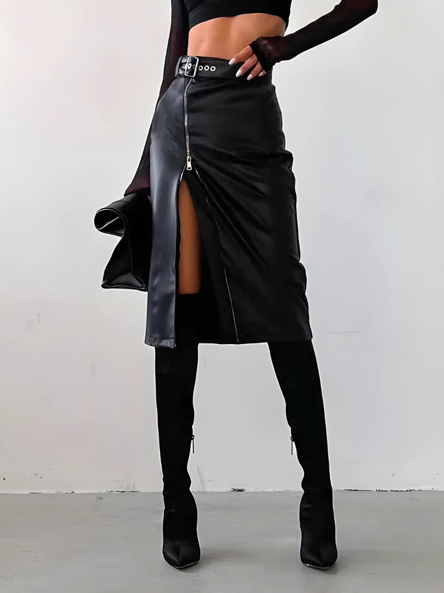 Baddie Zip Up Slit Midi Pencil Skirt - KAYSMAR