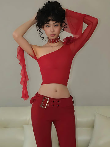 Baddie Rose One Shoulder Mesh Top - KAYSMAR