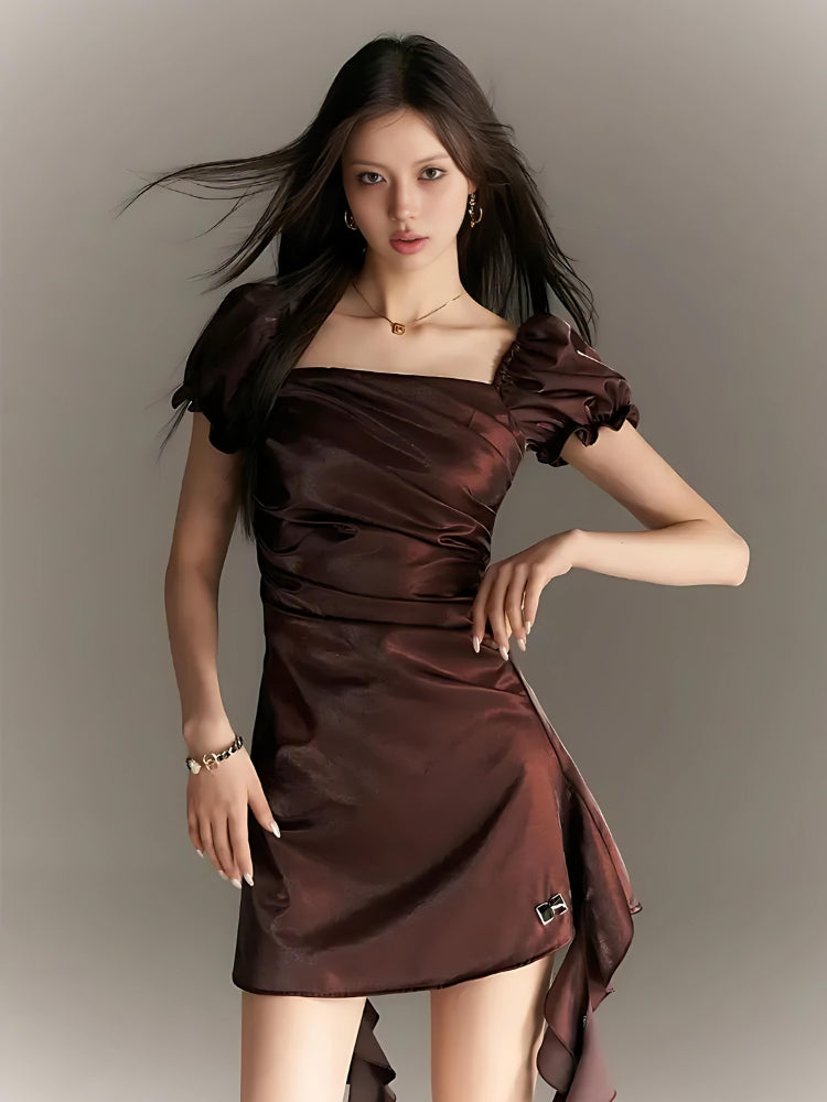 Balloon Sleeve Ruched Mini Dress - KAYSMAR