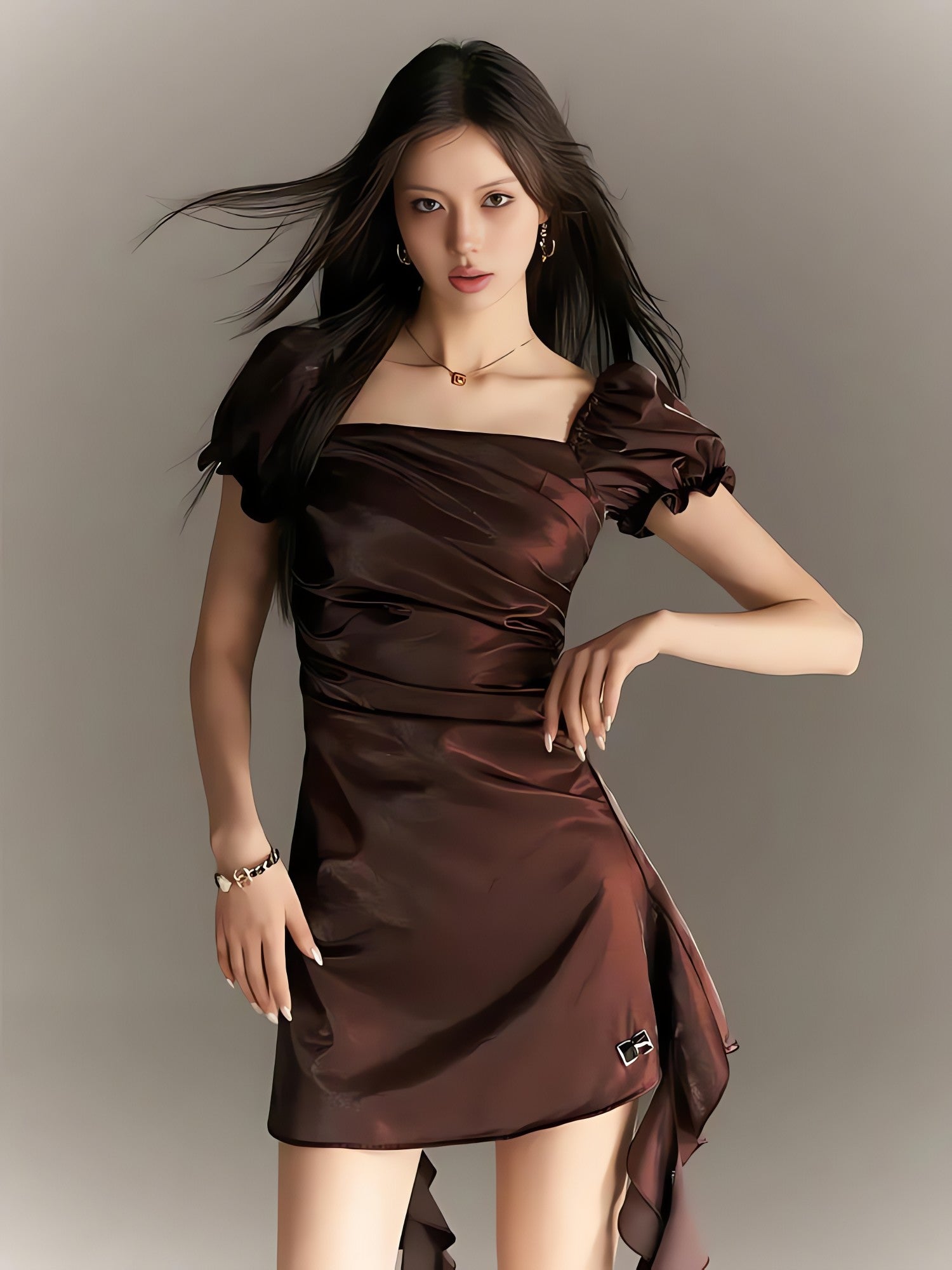 Balloon Sleeve Ruched Mini Dress - KAYSMAR