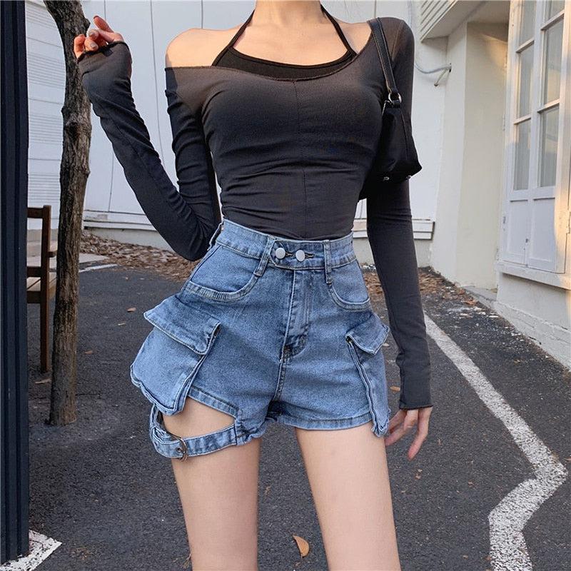 Belt Detail Cargo Denim Shorts - KAYSMAR
