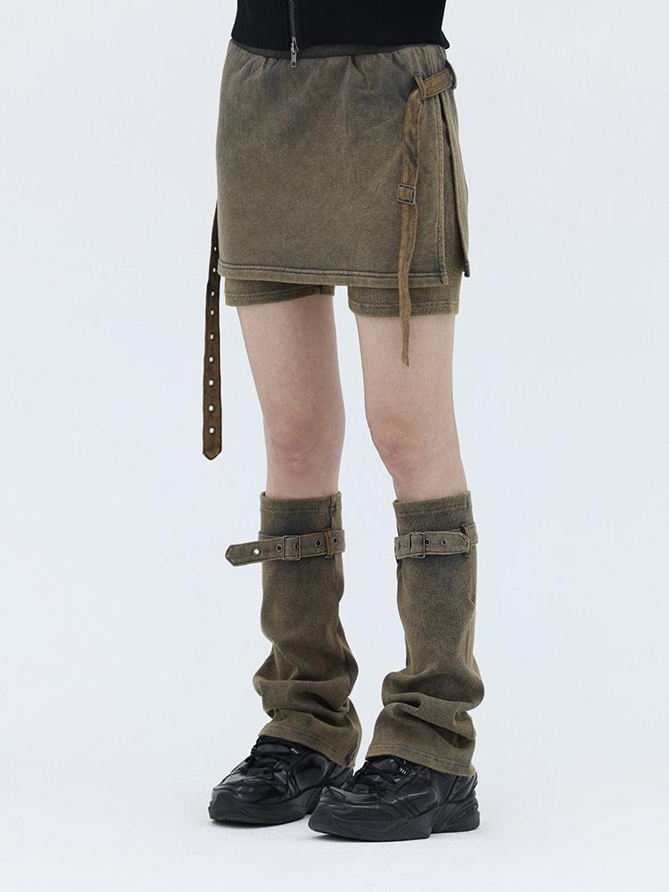 Belt Detail Denim Mini Skort With Leg Warmer - KAYSMAR