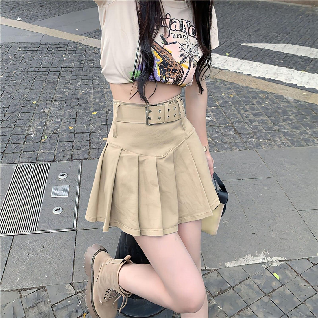Belt Detail Pleated Mini Skirt - KAYSMAR