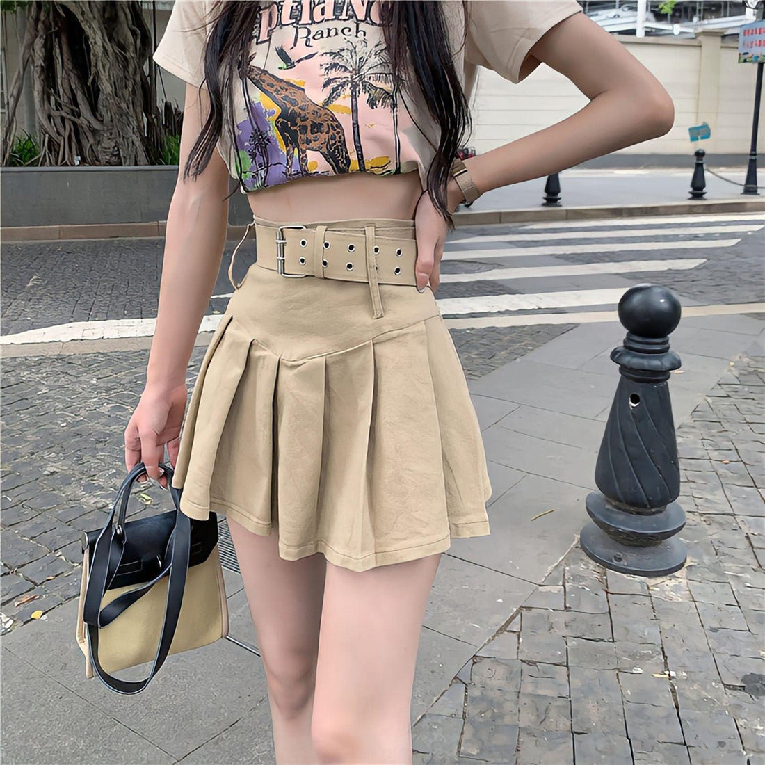 Belt Detail Pleated Mini Skirt - KAYSMAR
