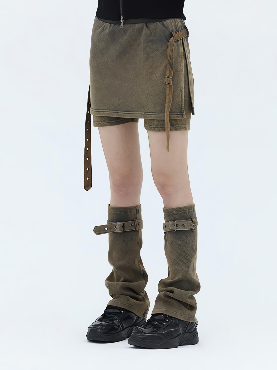 Belt Detail Denim Mini Skort With Leg Warmer - KAYSMAR