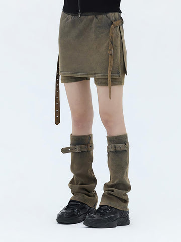 Belt Detail Denim Mini Skort With Leg Warmer - KAYSMAR
