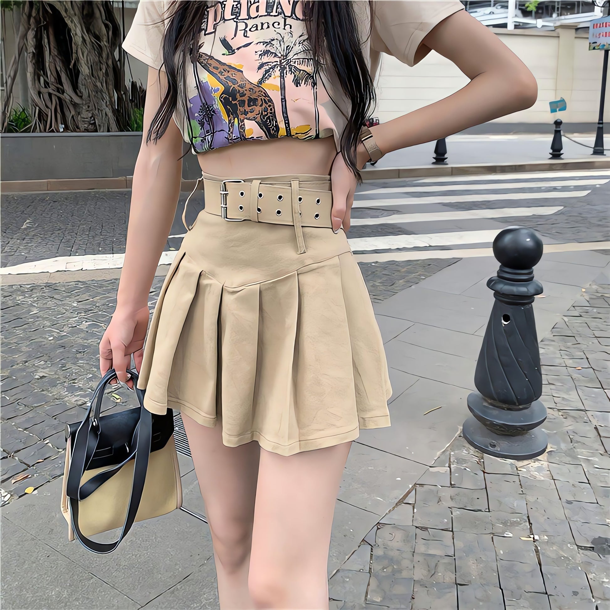 Belt Detail Pleated Mini Skirt - KAYSMAR