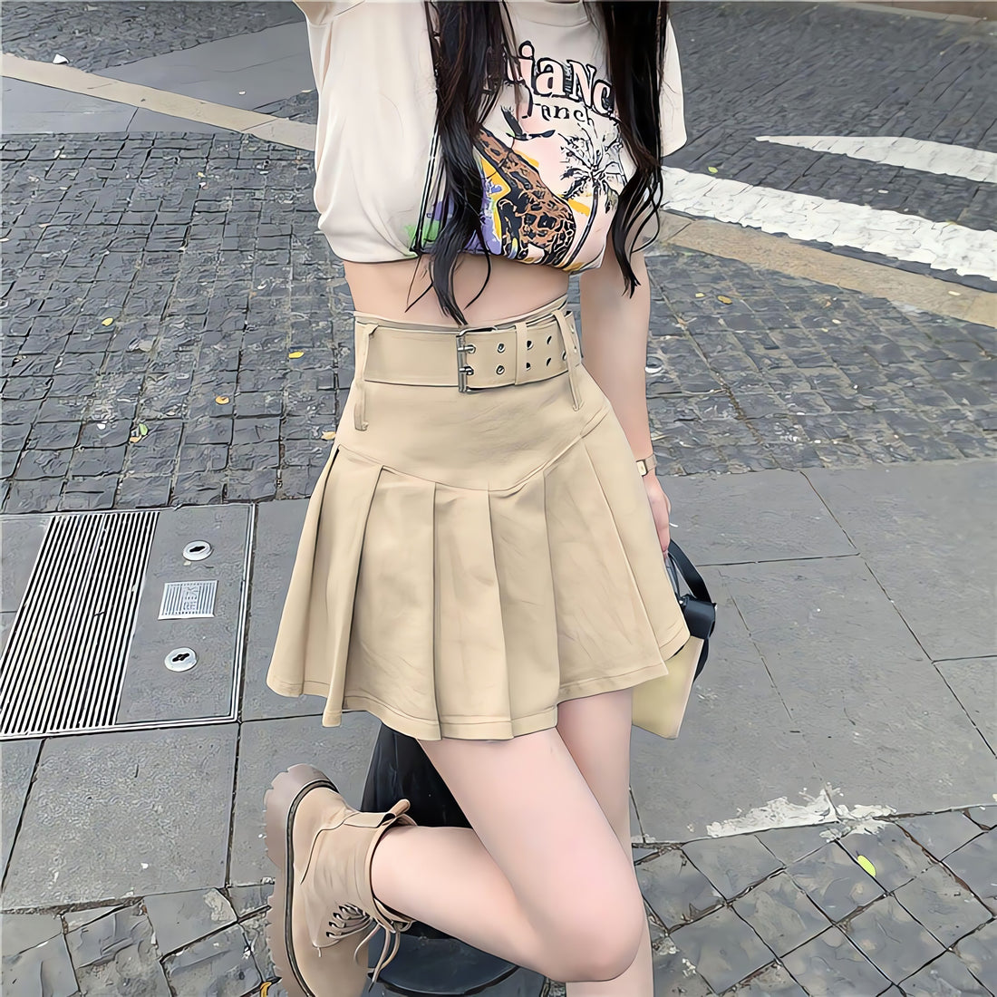 Belt Detail Pleated Mini Skirt - KAYSMAR