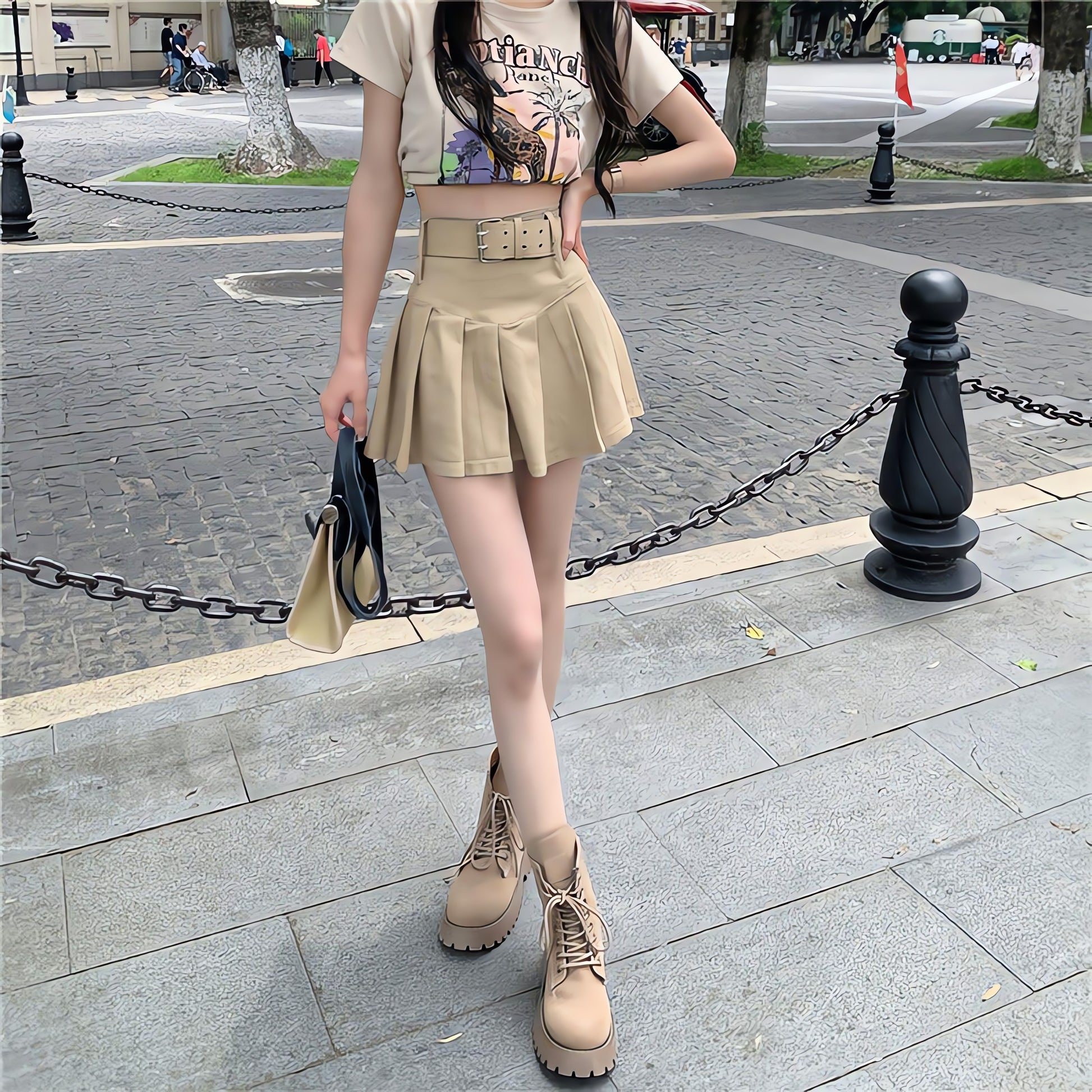 Belt Detail Pleated Mini Skirt - KAYSMAR