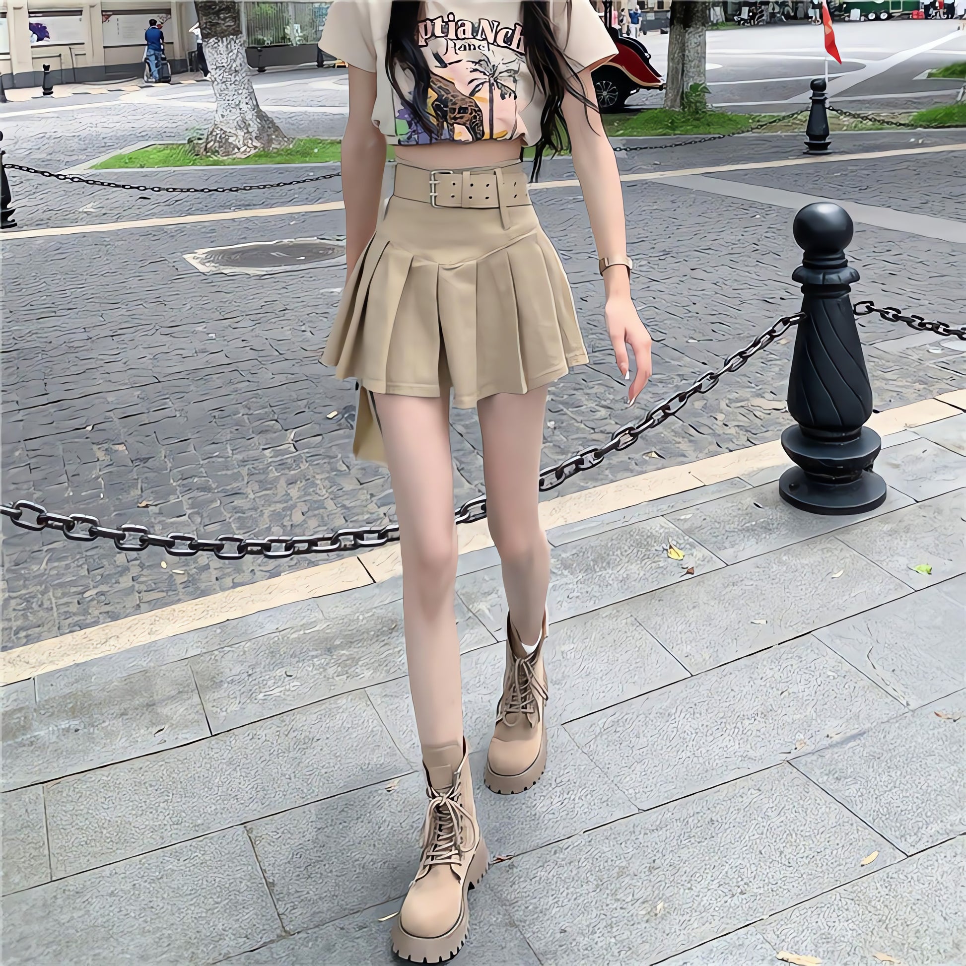Belt Detail Pleated Mini Skirt - KAYSMAR