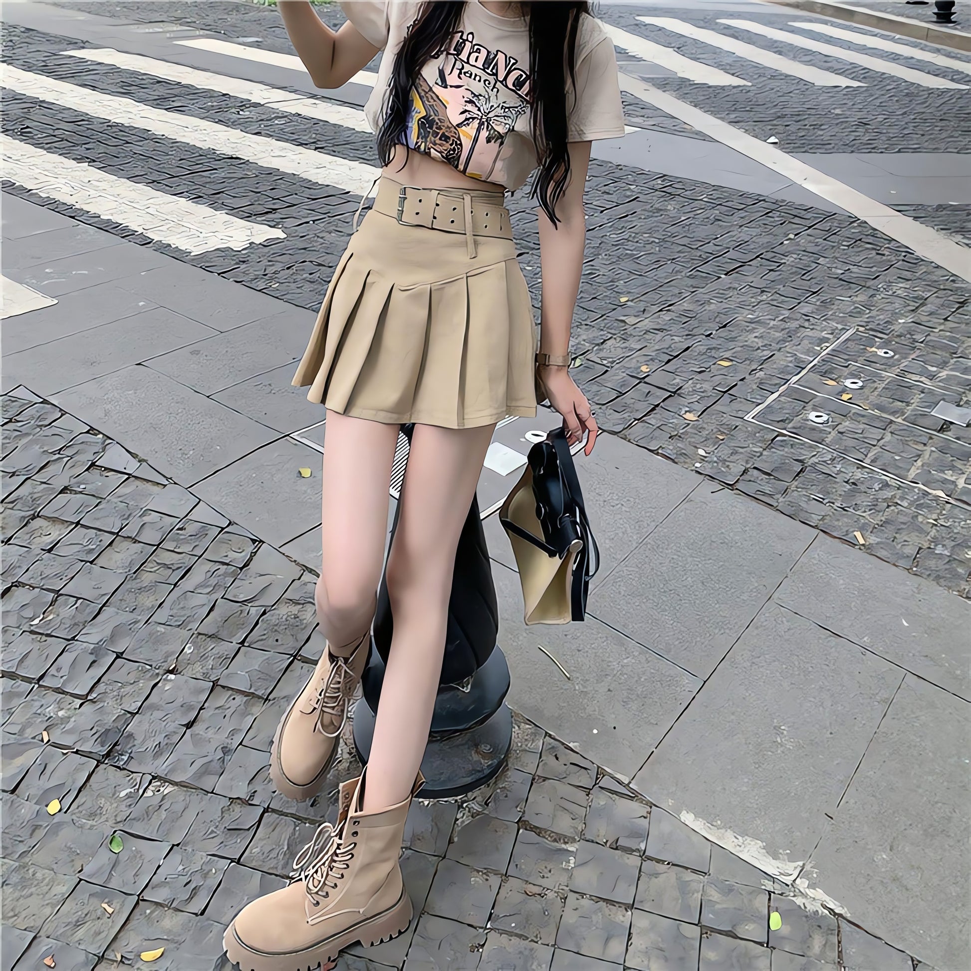 Belt Detail Pleated Mini Skirt - KAYSMAR