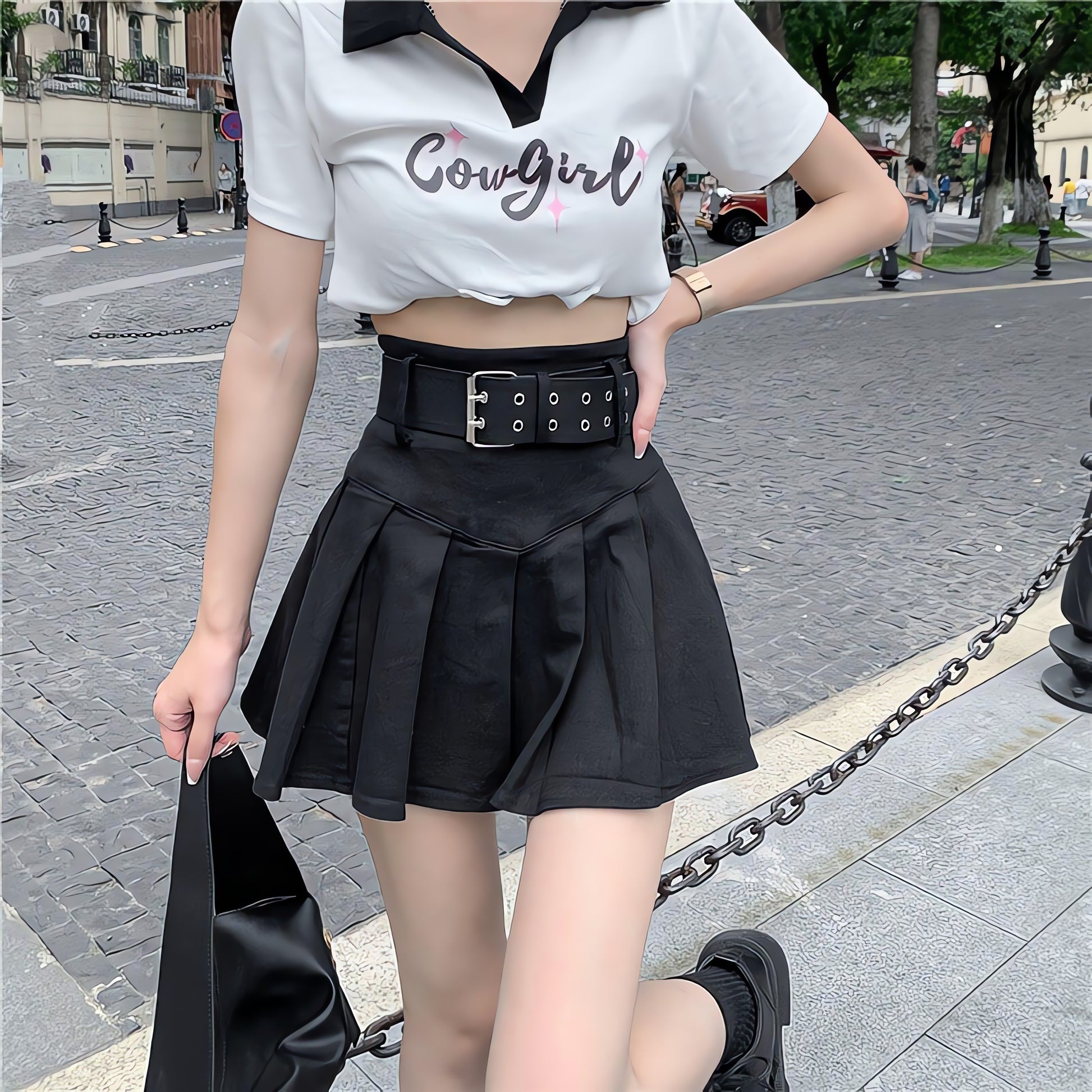 Belt Detail Pleated Mini Skirt - KAYSMAR