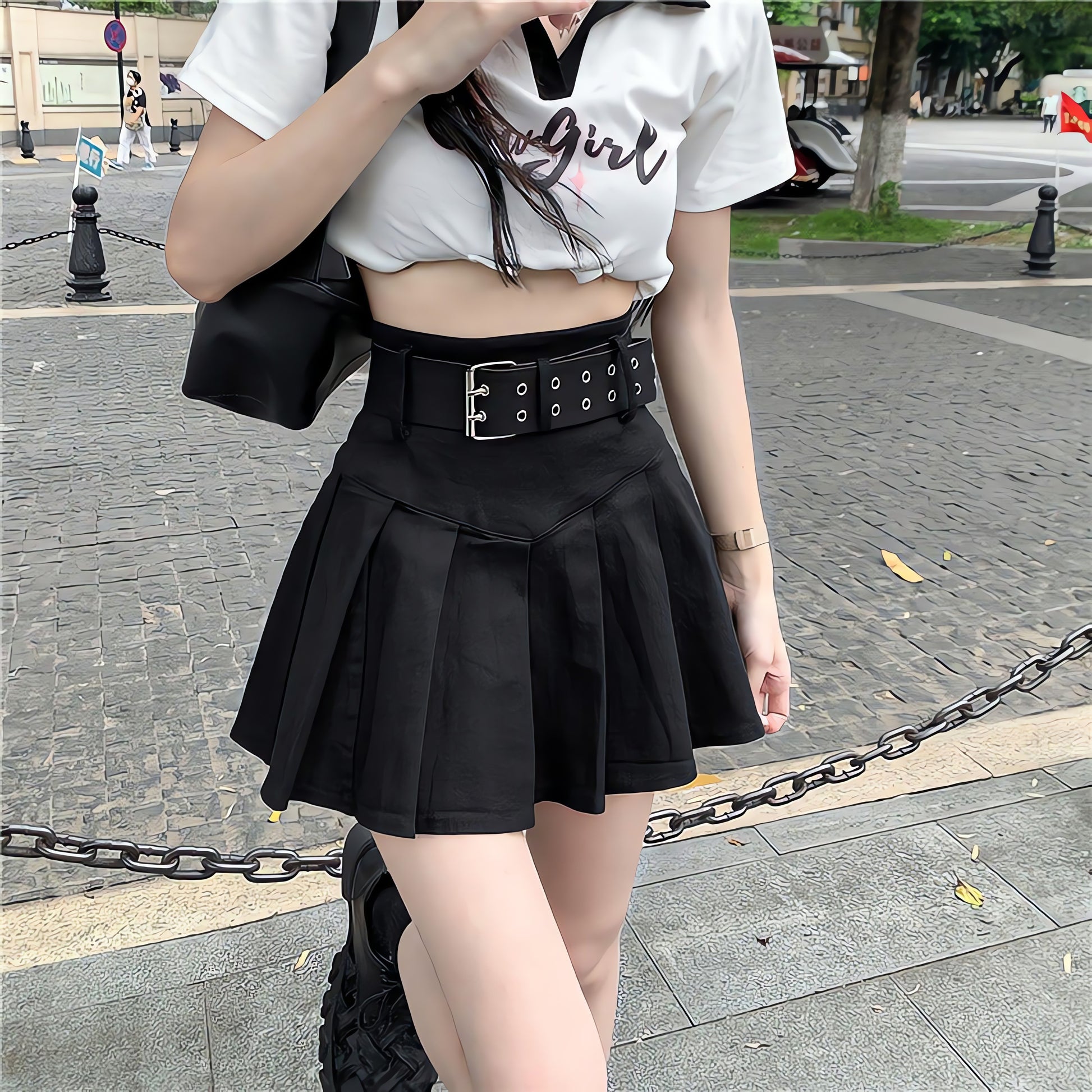 Belt Detail Pleated Mini Skirt - KAYSMAR