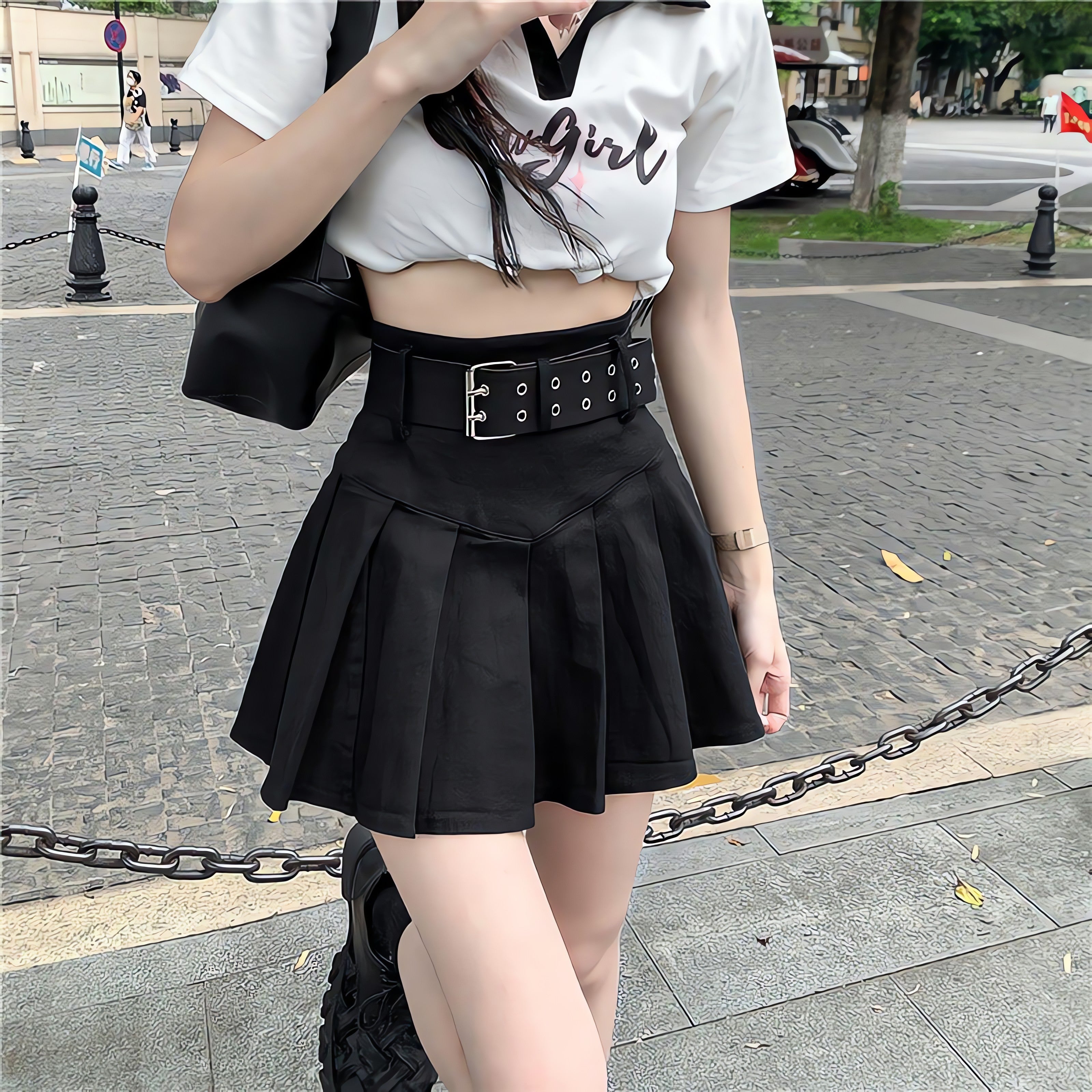 Belt Detail Pleated Mini Skirt - KAYSMAR