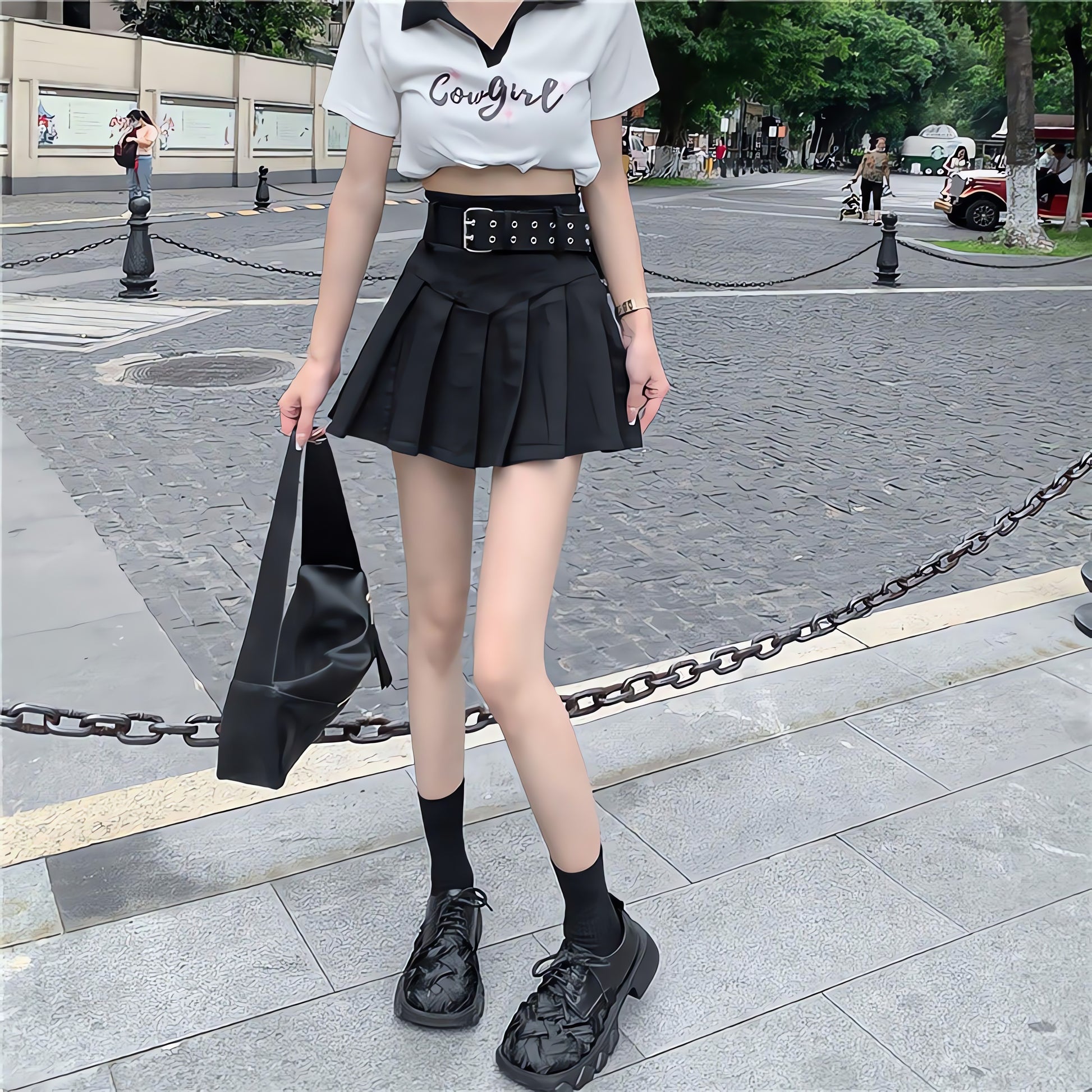 Belt Detail Pleated Mini Skirt - KAYSMAR