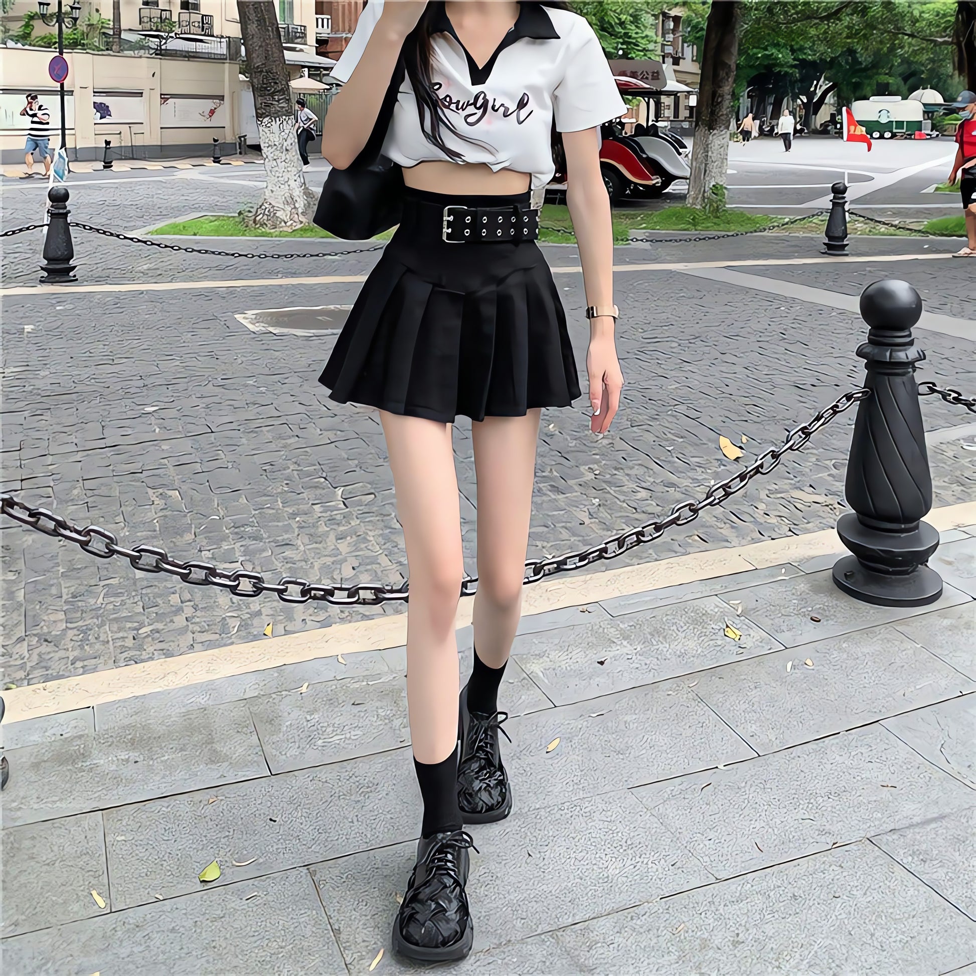 Belt Detail Pleated Mini Skirt - KAYSMAR