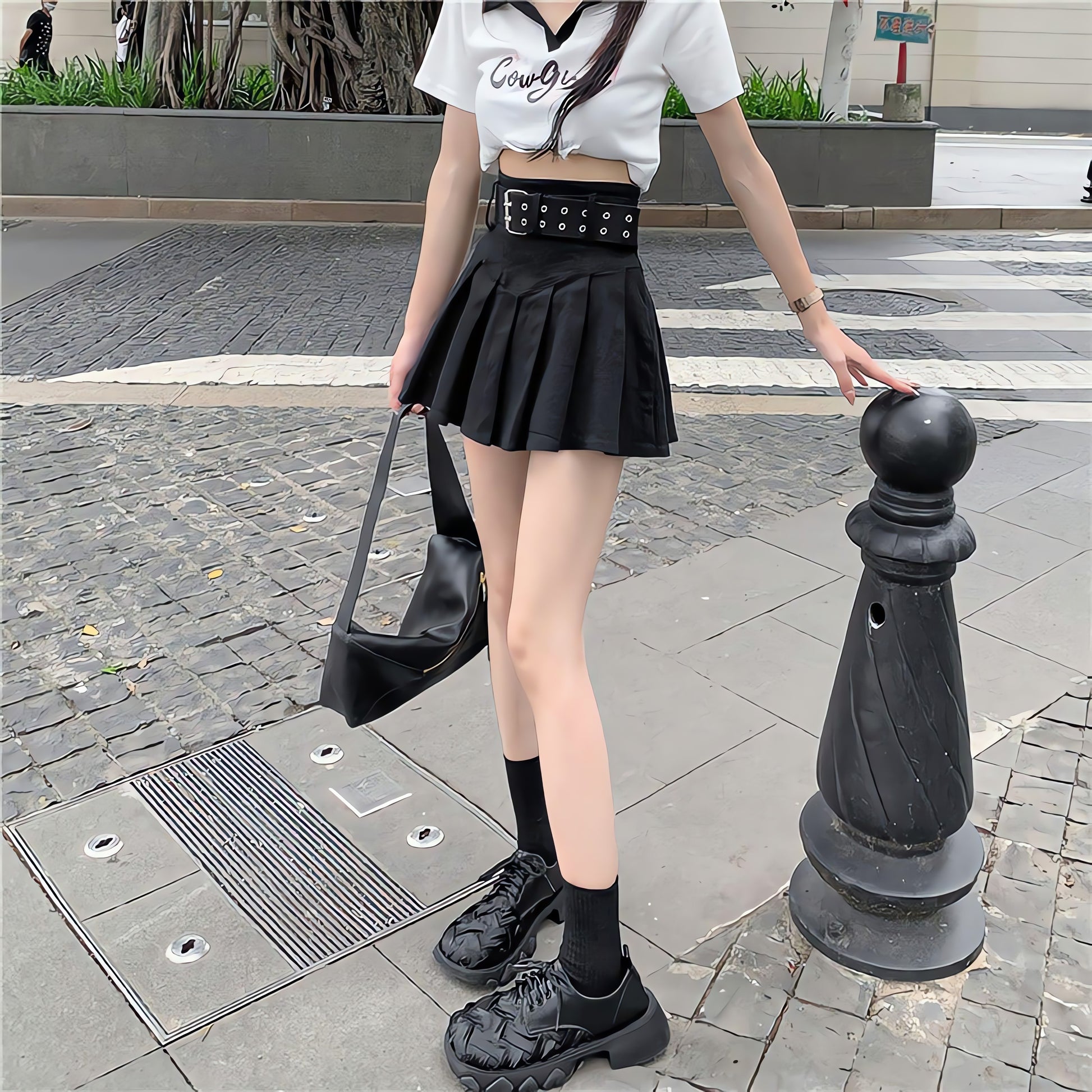 Belt Detail Pleated Mini Skirt - KAYSMAR