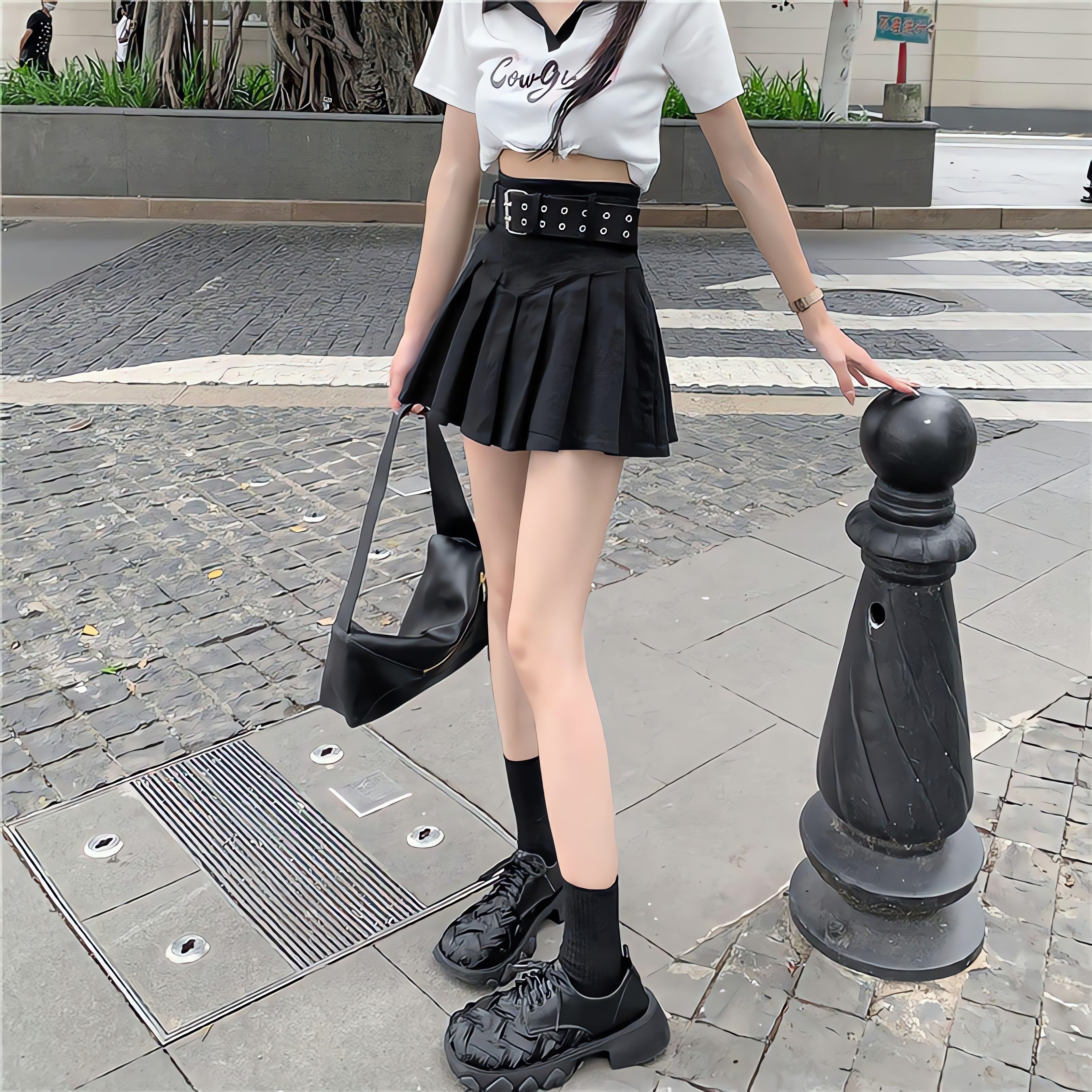 Belt Detail Pleated Mini Skirt - KAYSMAR