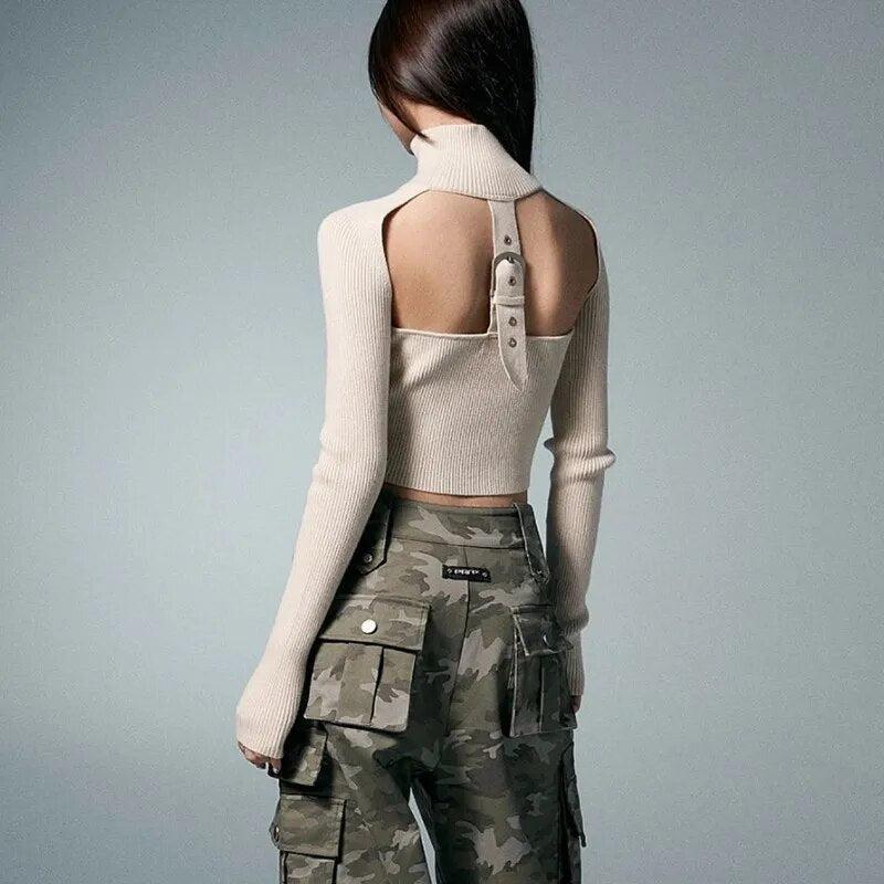 Belted Back Turtleneck Cropped Cardigan - KAYSMAR