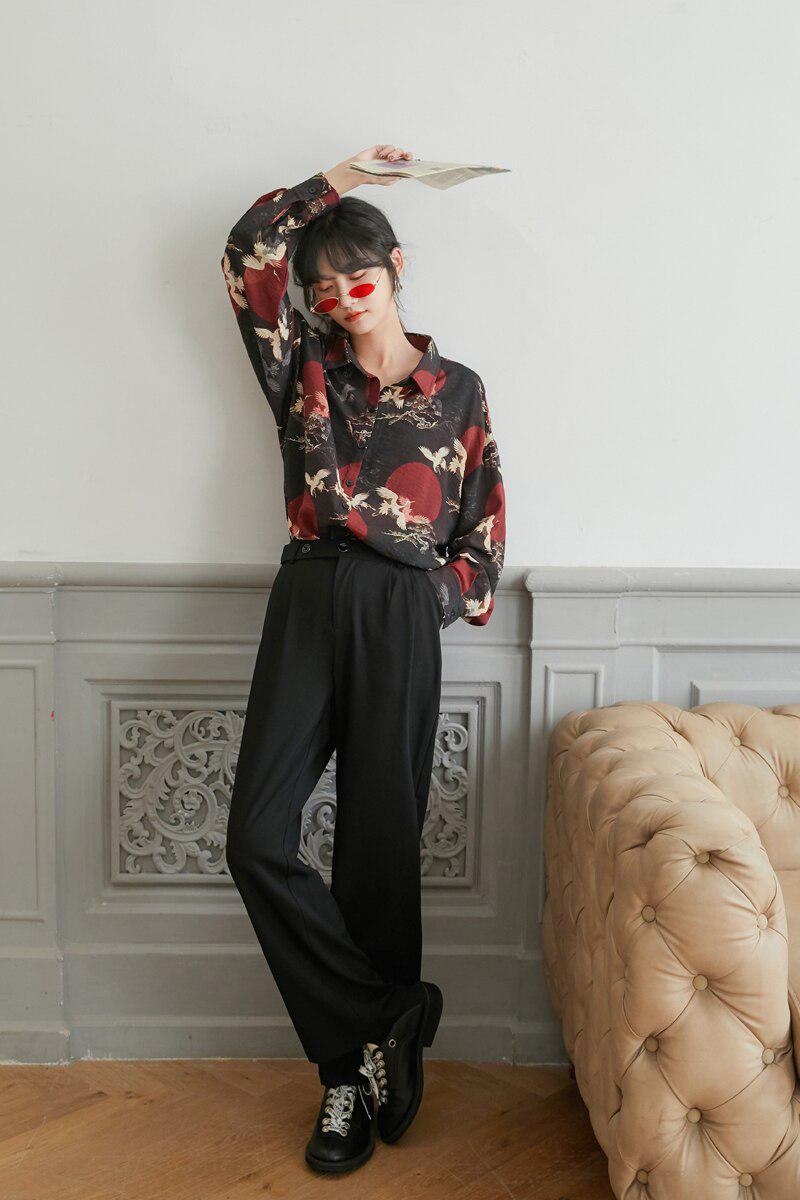 Bird Pattern Long Sleeve Shirt - KAYSMAR