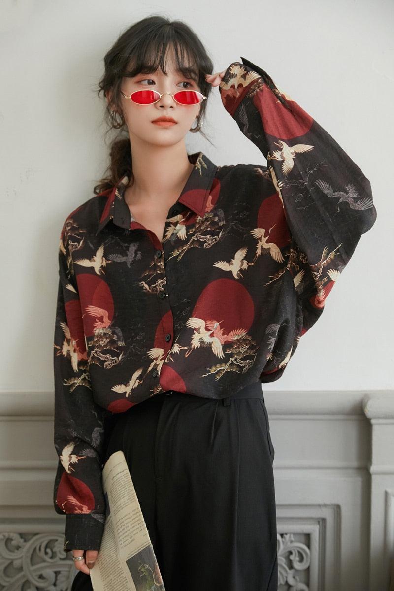 Bird Pattern Long Sleeve Shirt - KAYSMAR