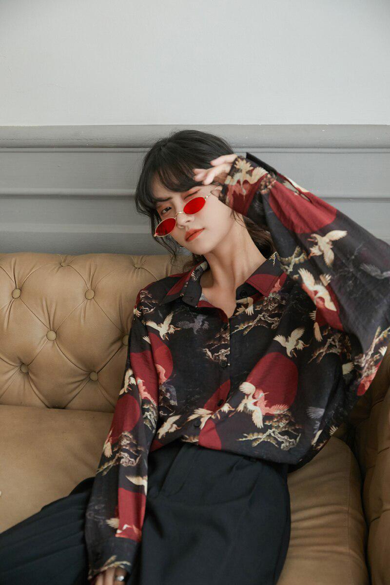Bird Pattern Long Sleeve Shirt - KAYSMAR