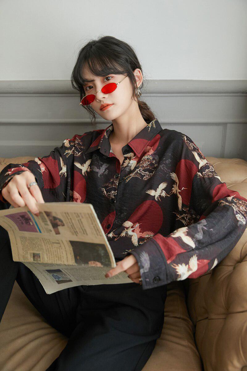 Bird Pattern Long Sleeve Shirt - KAYSMAR