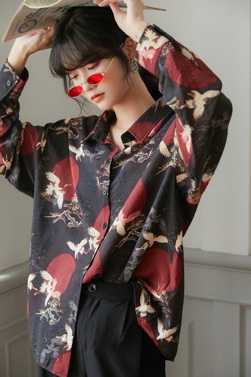 Bird Pattern Long Sleeve Shirt - KAYSMAR
