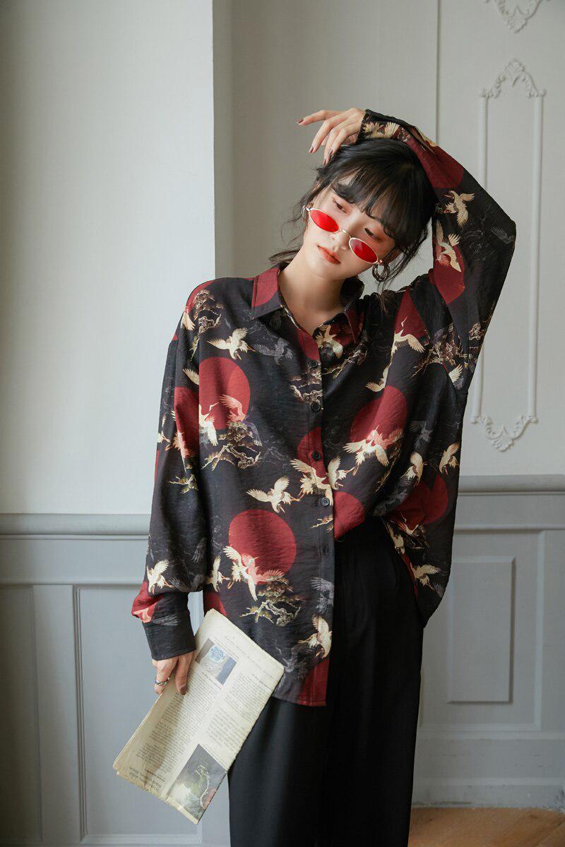 Bird Pattern Long Sleeve Shirt - KAYSMAR