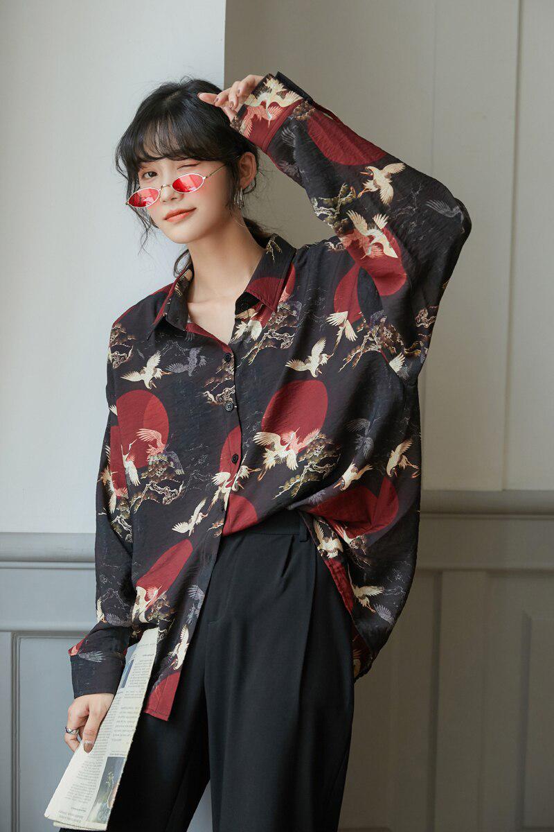 Bird Pattern Long Sleeve Shirt - KAYSMAR