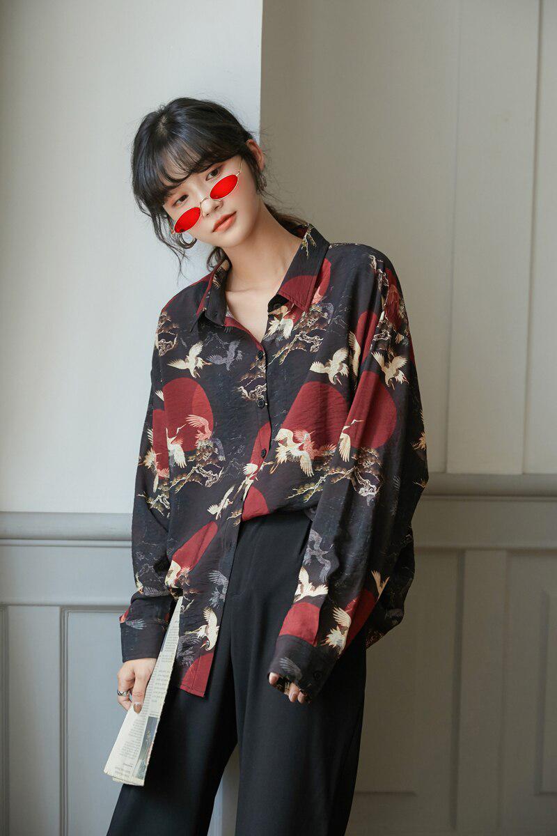 Bird Pattern Long Sleeve Shirt - KAYSMAR